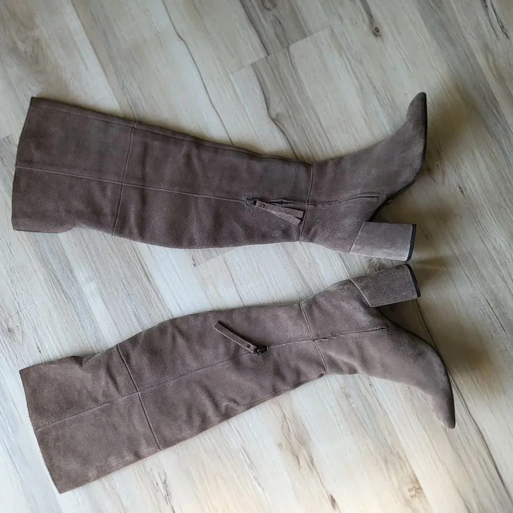 TAUPE SUEDE Leather Over the Knee Block Heel Boots Sz 38 TopShop Thigh High